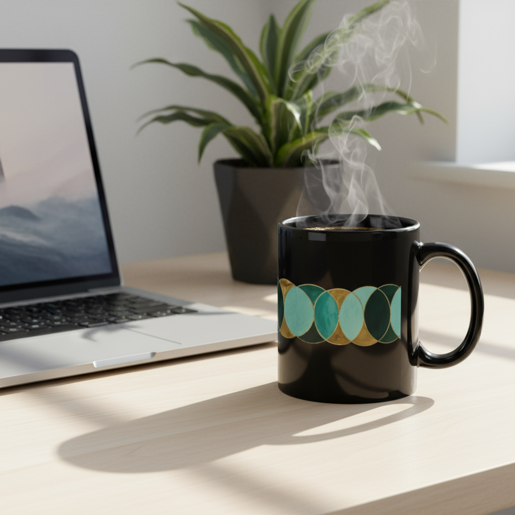 Black Glossy Mug Circles Lifestyle