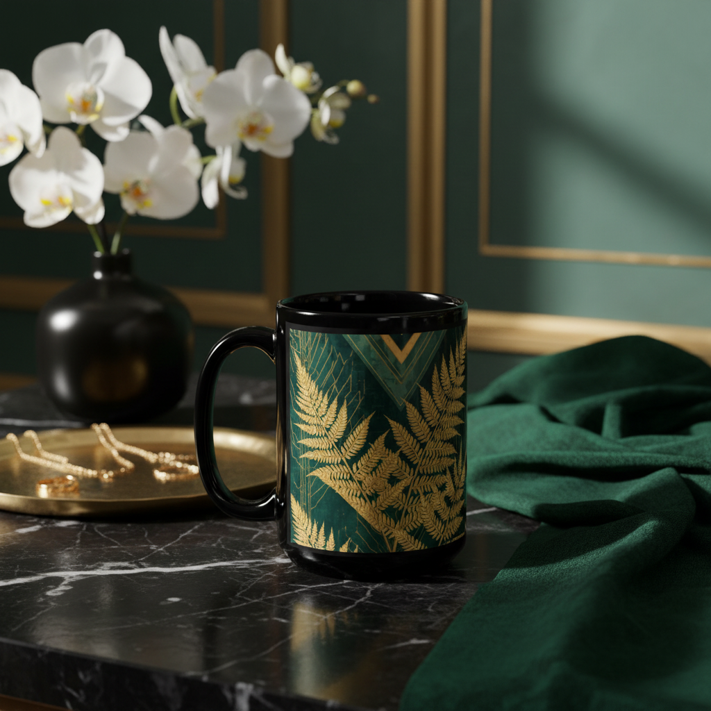 Black glossy mug with gold fern botanical design on emerald green background as hero centerpiece on black marble with gold tray, white orchids, emerald velvet and dramatic warm spotlighting