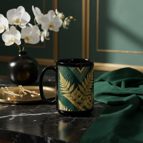 Black glossy mug with gold fern botanical design on emerald green background as hero centerpiece on black marble with gold tray, white orchids, emerald velvet and dramatic warm spotlighting