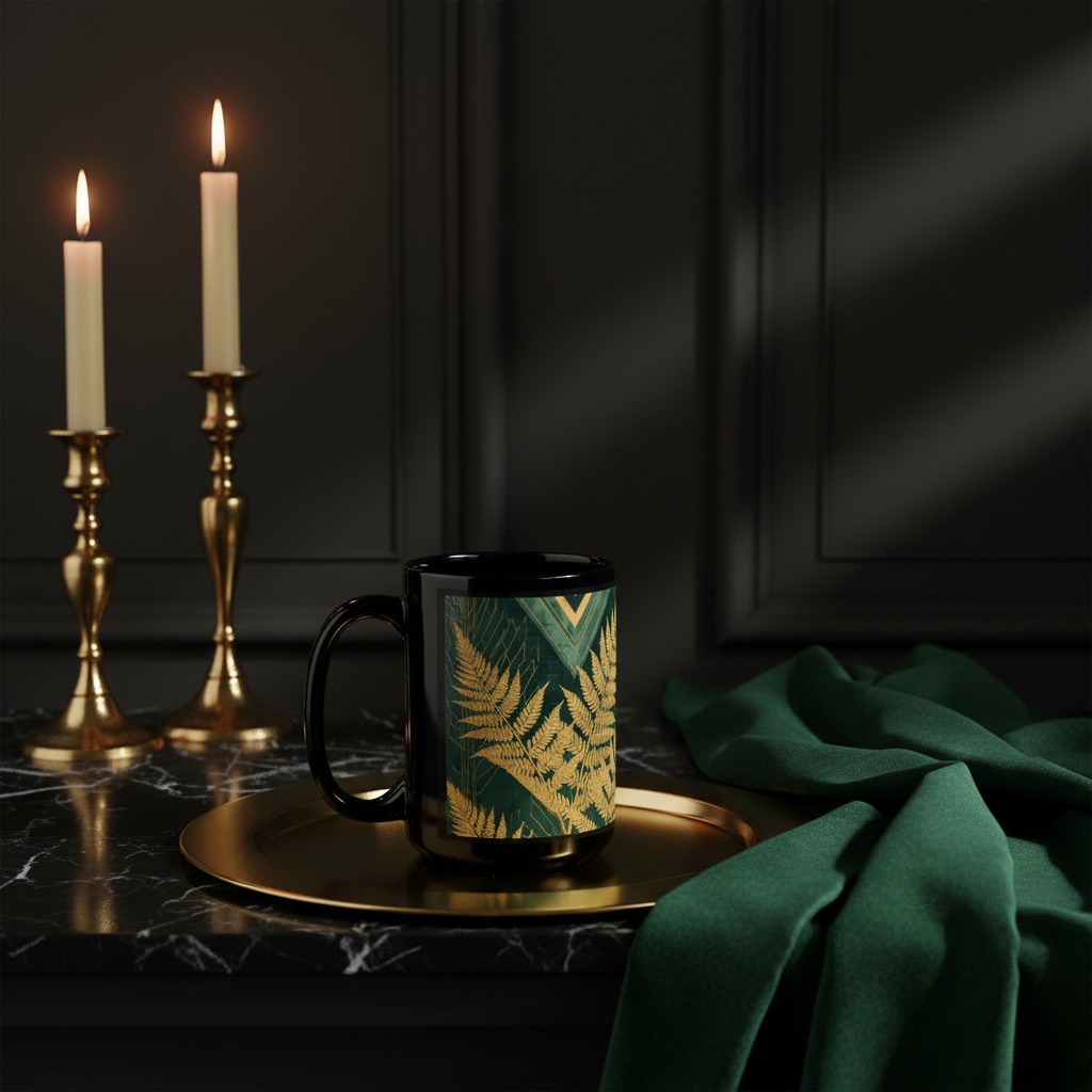 Black glossy mug with gold fern botanical design on emerald green background on a black marble surface with gold tray, emerald velvet, gold candlesticks and dramatic moody lighting