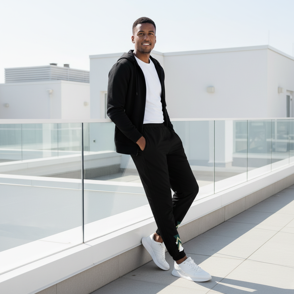 Black man in black joggers with geometric ankle pattern styled with white t-shirt and unzipped hoodie on rooftop