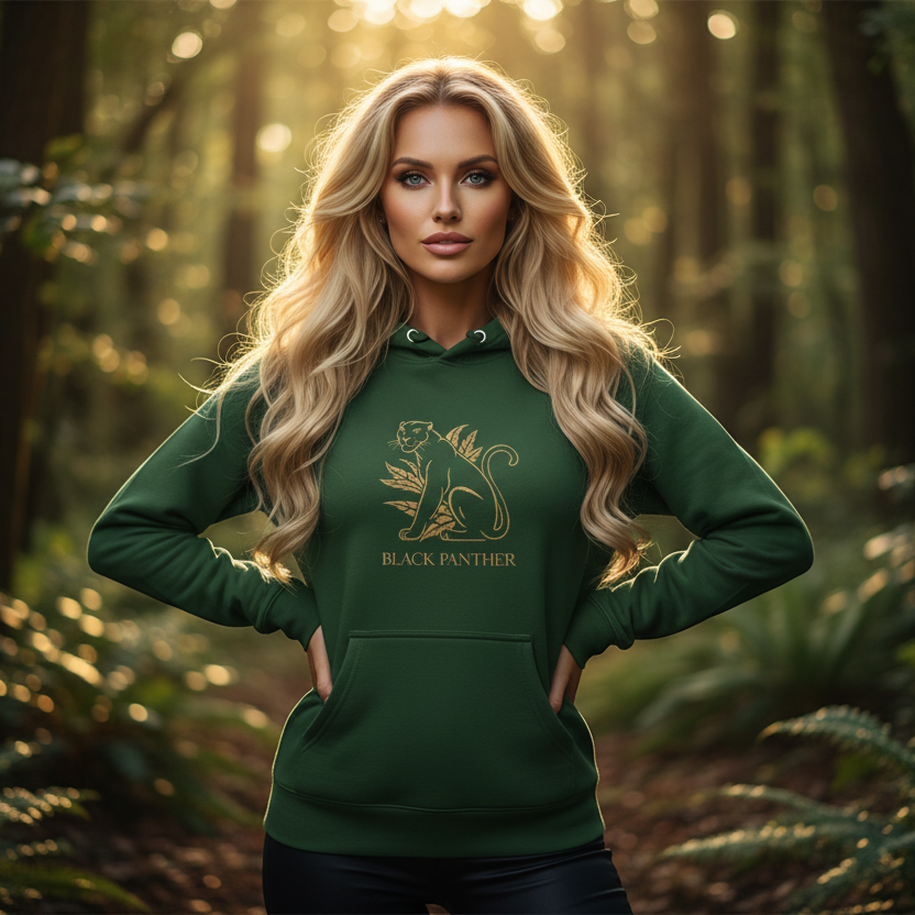 Strong woman in forest green Black Panther premium hoodie with tropical gold design in natural luxury setting