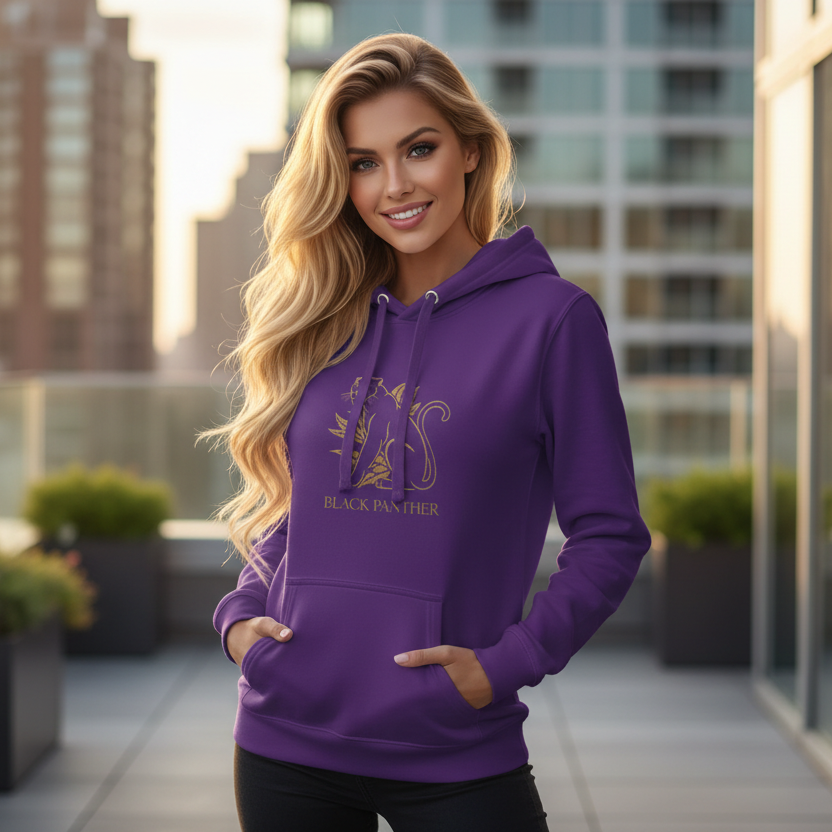 Powerful blonde woman wearing purple Black Panther hoodie with elegant gold panther in luxurious urban environment