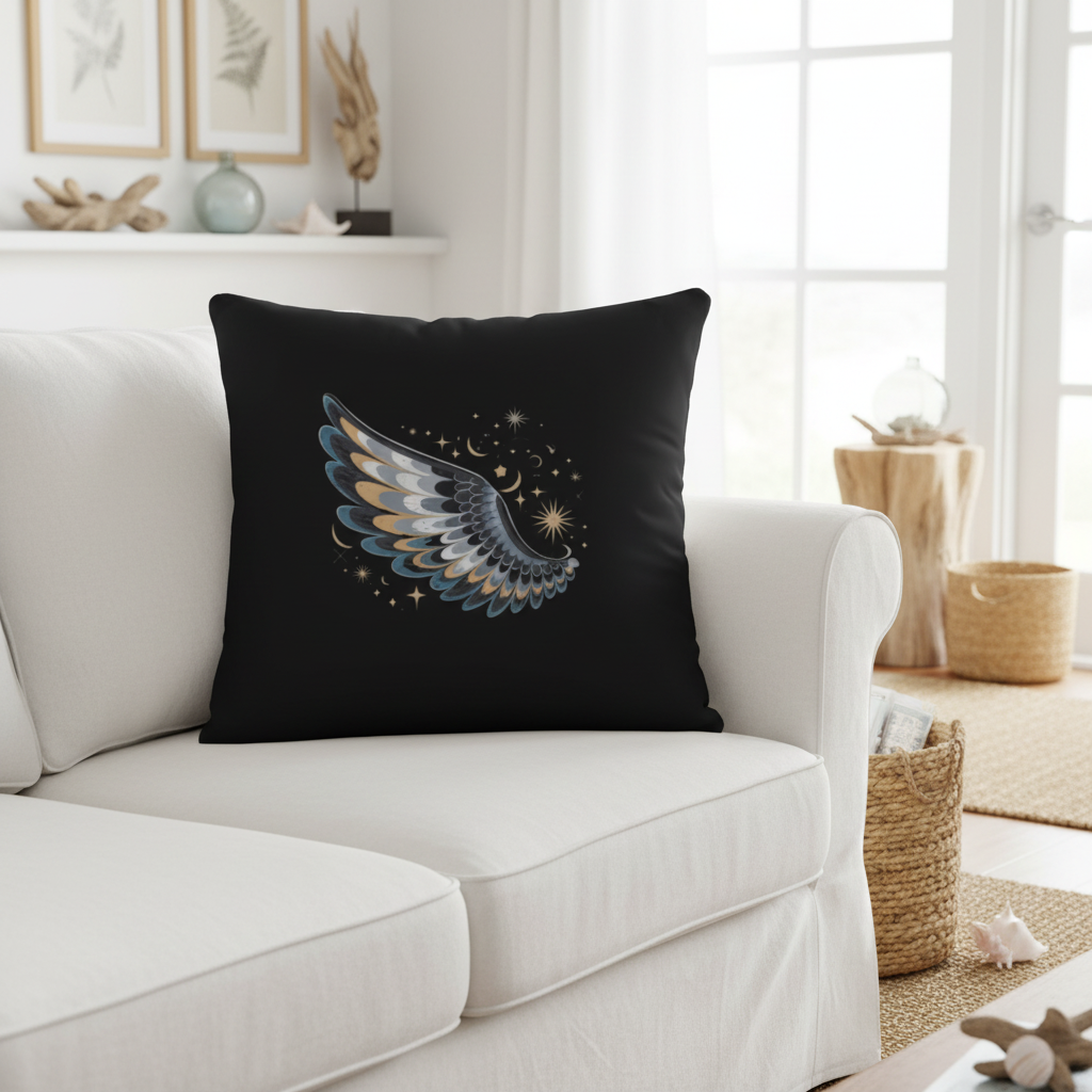 Black pillow with celestial wing design in bright coastal living room