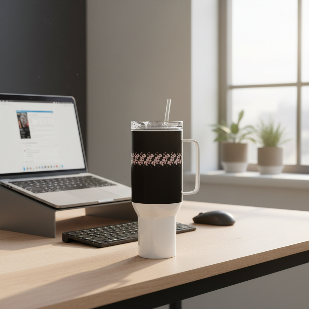 Black sakura travel mug on office desk