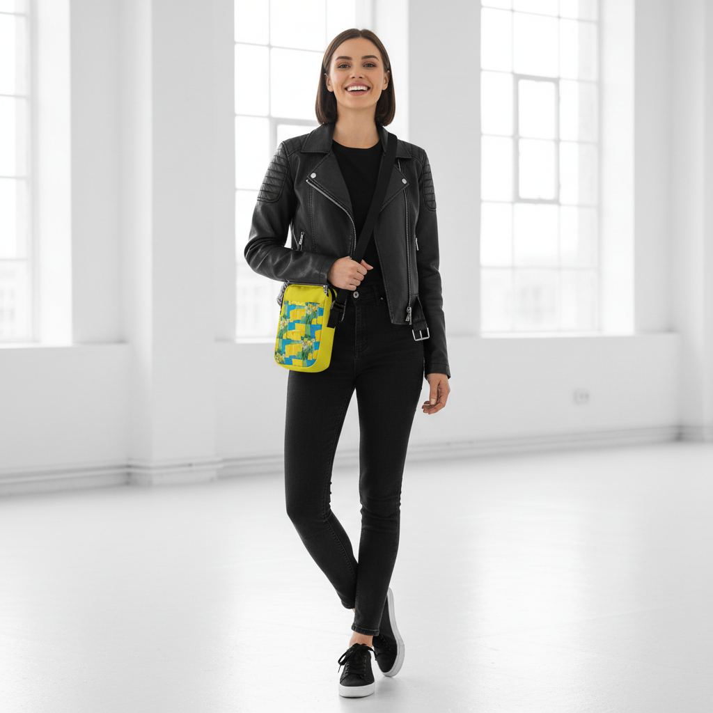 Black street style with yellow bag pop of color