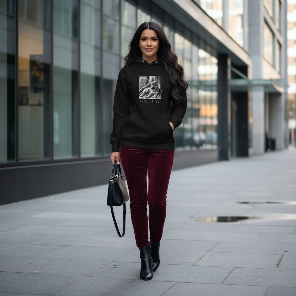 Black wolf cub hoodie burgundy velvet pants black boots city chic
