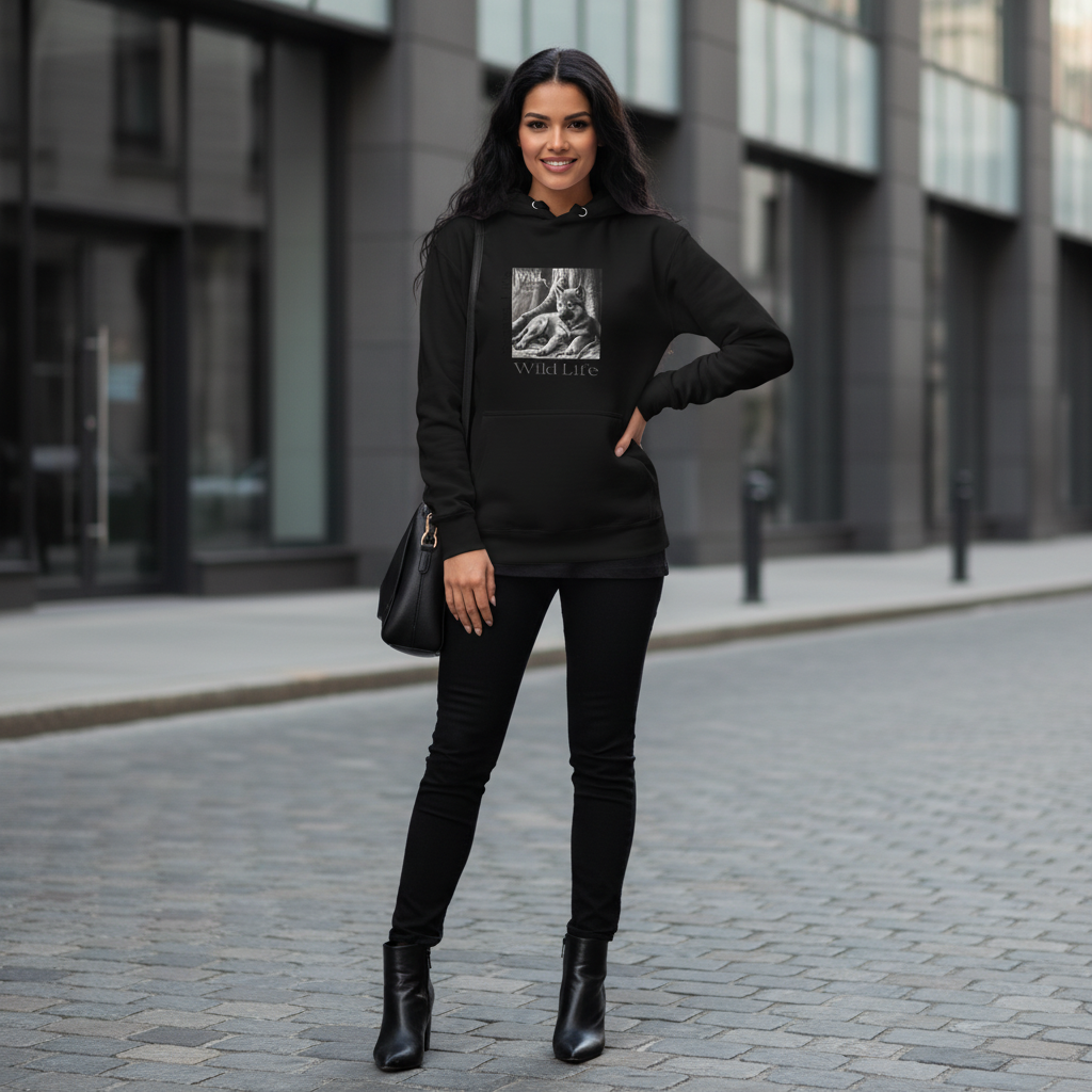 Black wolf hoodie black t-shirt black pants black boots bag minimalist luxury