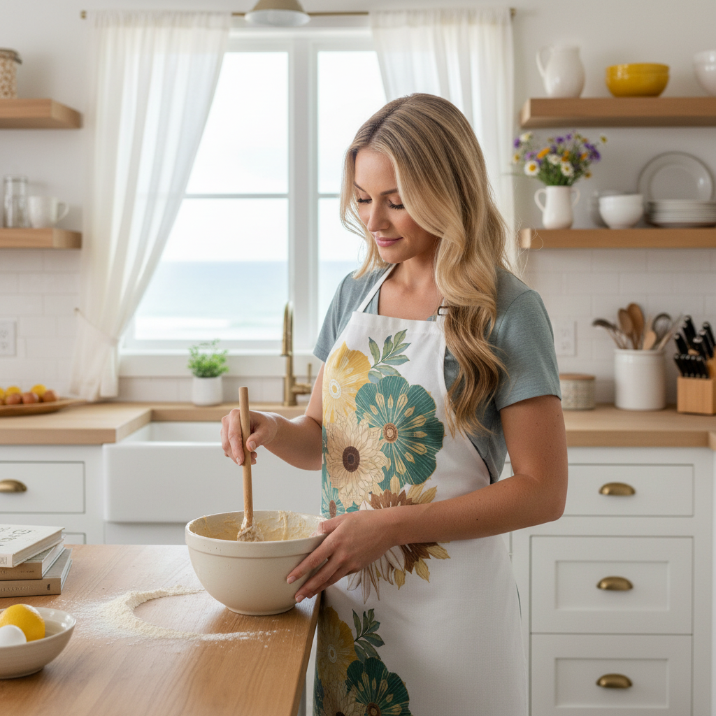 Blonde woman baking in kitchen with floral apron