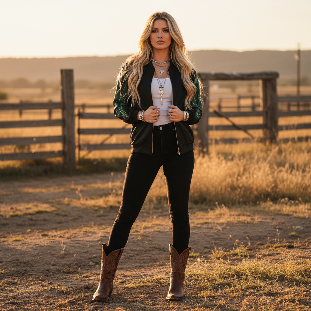 Blonde woman in black bomber with green leaf sleeves at ranch