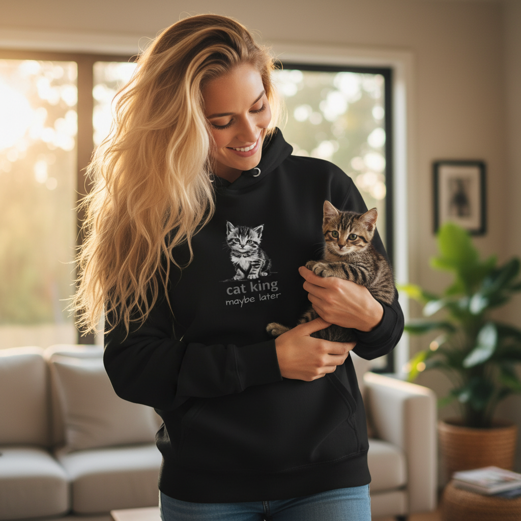 Blonde woman in black cat king hoodie with visible design holding kitten