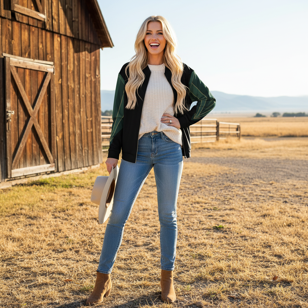 Blonde woman in black green leaf bomber with light jeans at barn