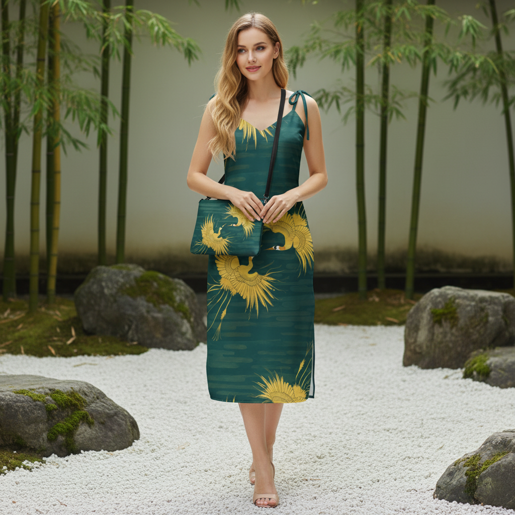 Blonde woman in teal crane dress with matching crossbody bag in Japanese zen garden