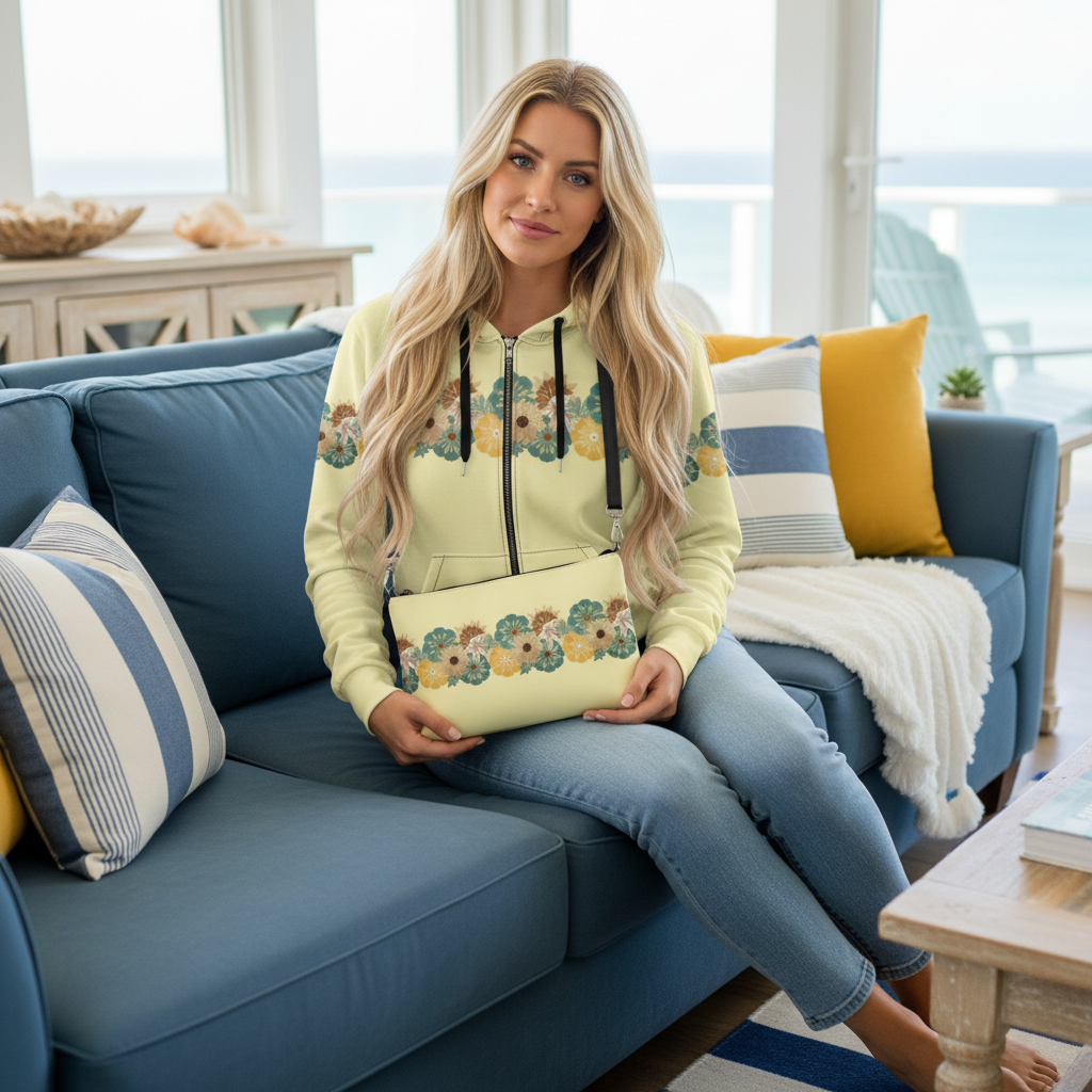 Blonde woman in zip hoodie with crossbody bag on coastal sofa