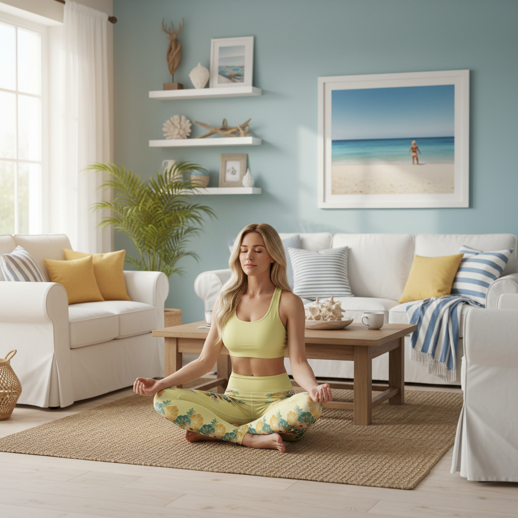Blonde woman meditating in coastal interior