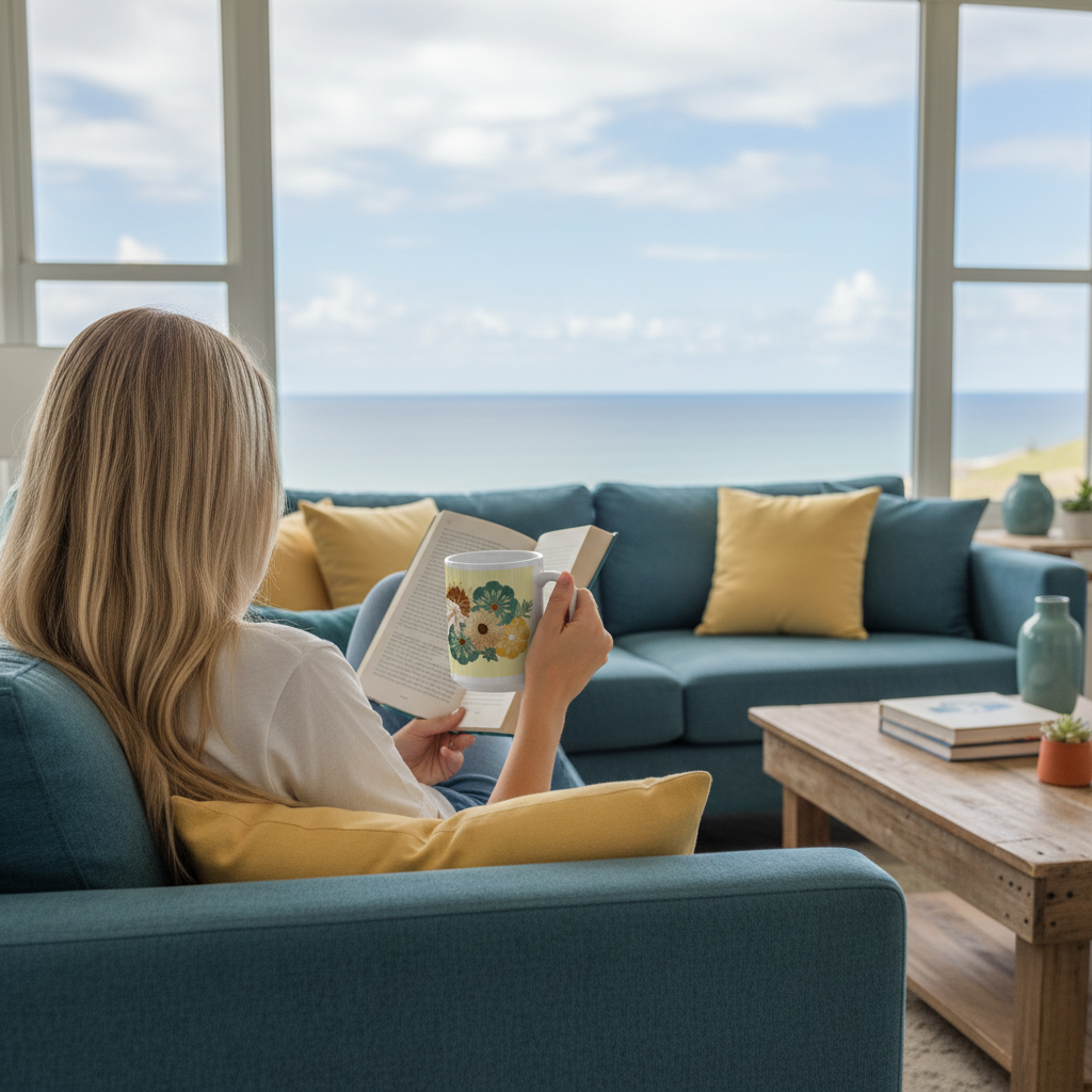 Blonde woman relaxing with floral mug on coastal sofa