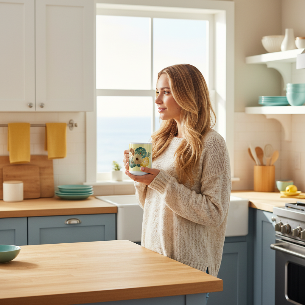 Blonde woman with floral mug by coastal kitchen window