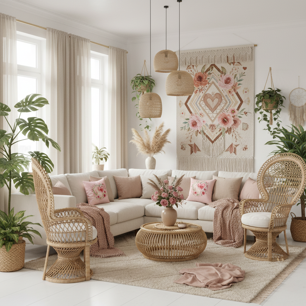 Bohemian living room with tapestry art, cream sectional with pink heart pillows, beige curtains, woven pendant lights and pink floral accents