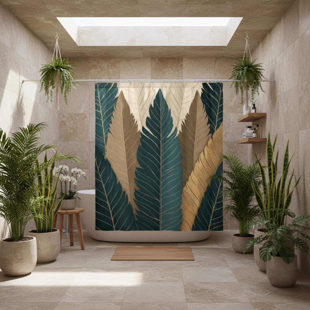 Botanical bathroom oasis with tropical plants and teal leaf pattern shower curtain