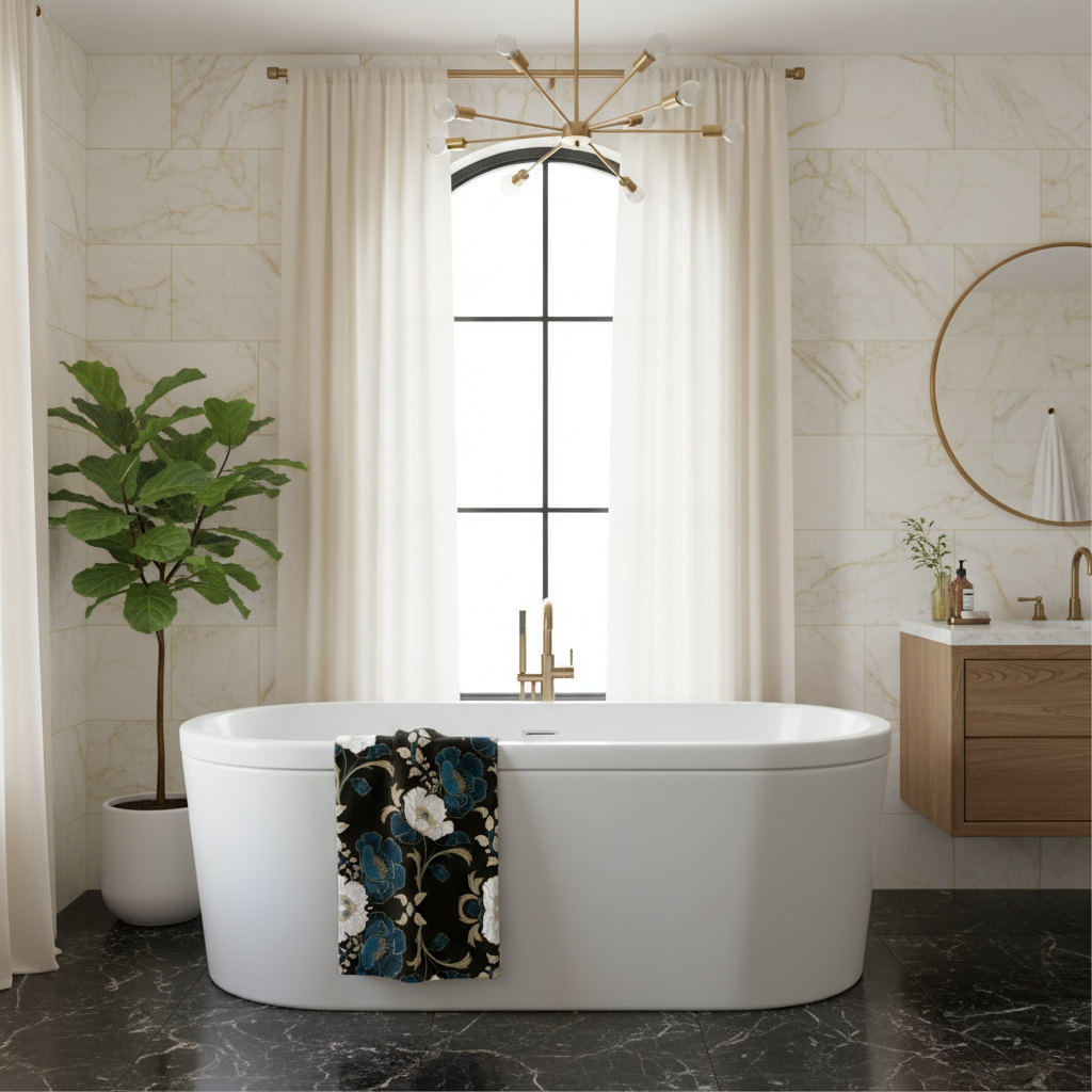 Botanical floral towel draped over freestanding bathtub