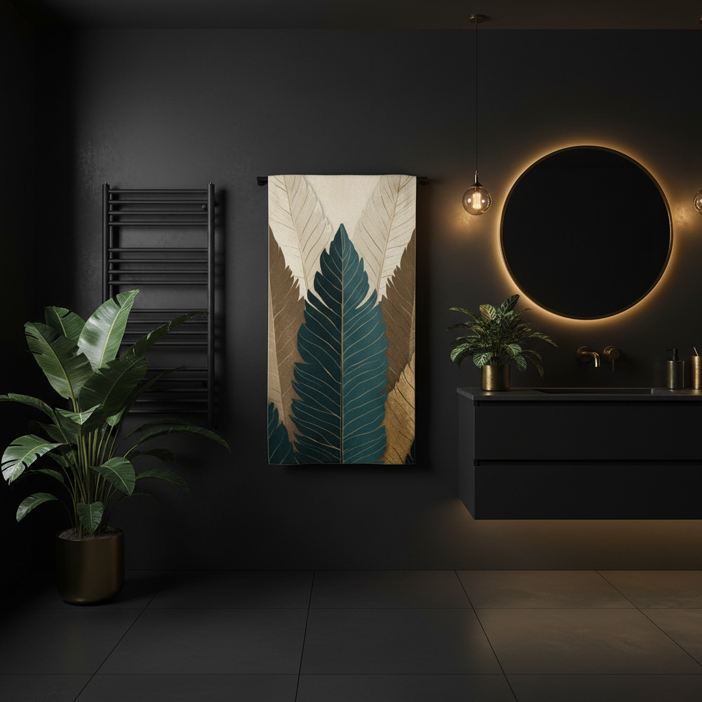 Botanical towel hanging fully spread on black rack in dark bathroom