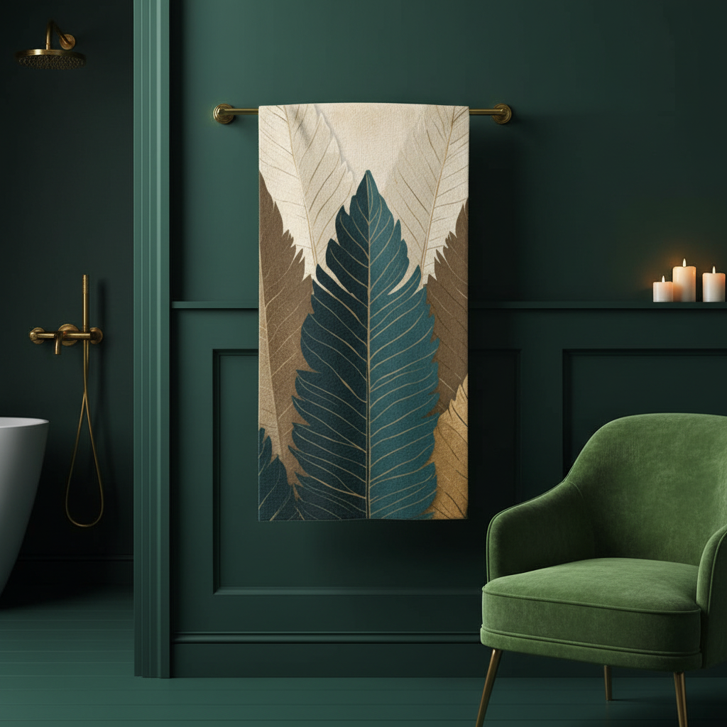 Botanical towel hanging spread on brass bar in emerald bathroom