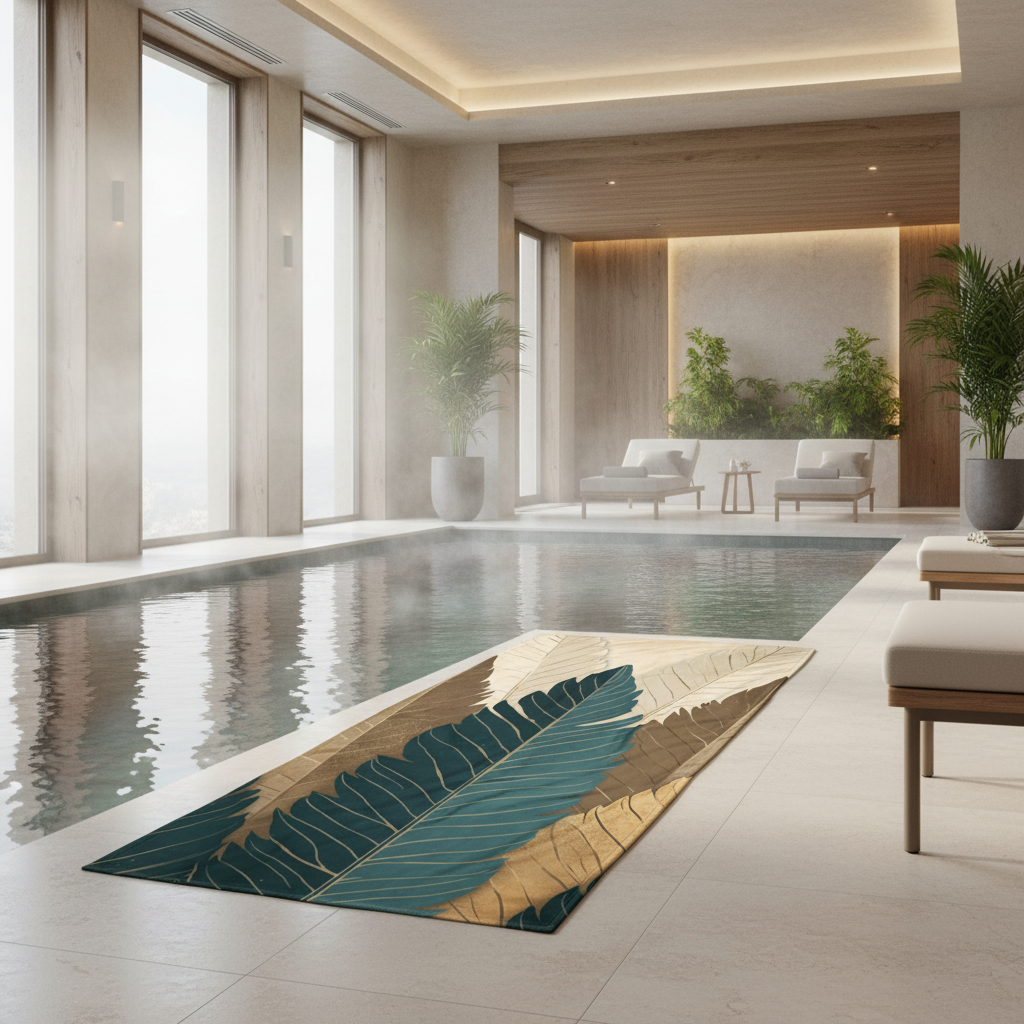 Botanical towel spread flat on heated pool edge with steam