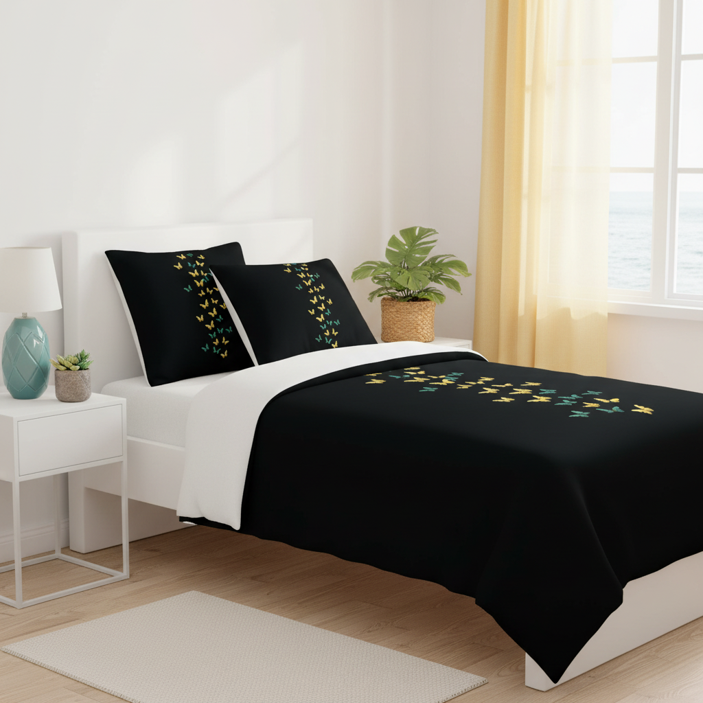 Bright coastal bedroom with twin bed, butterfly print bedding and yellow flowing curtains