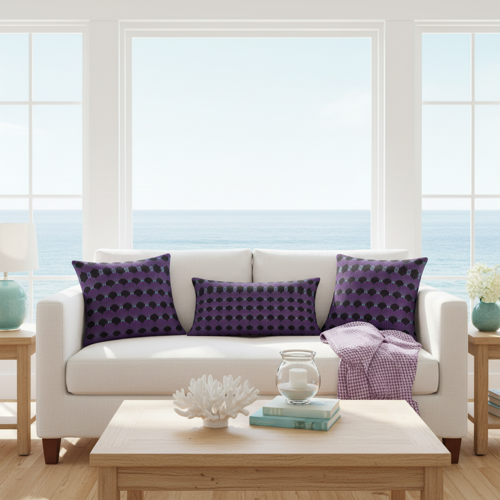 Bright coastal living room with art deco pillows