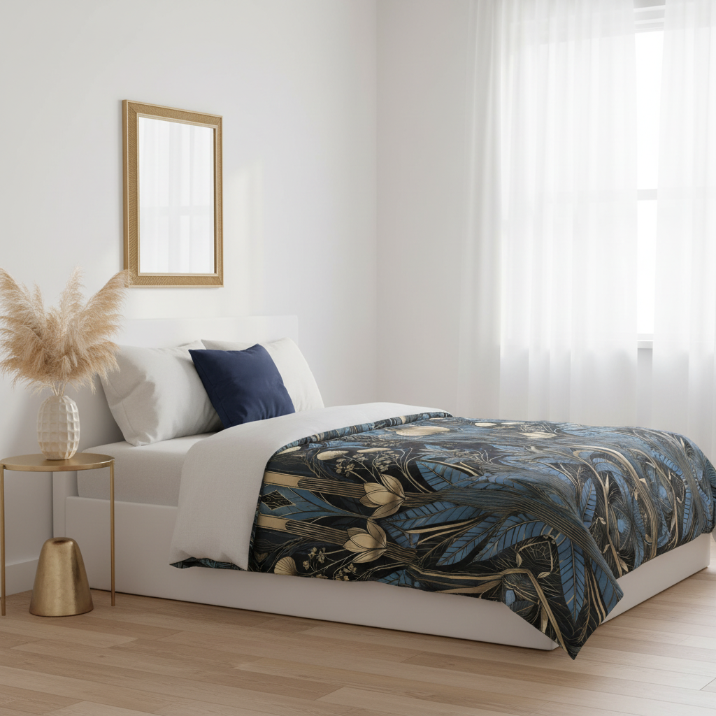 Bright luxury bedroom with Art Deco comforter and gold accents