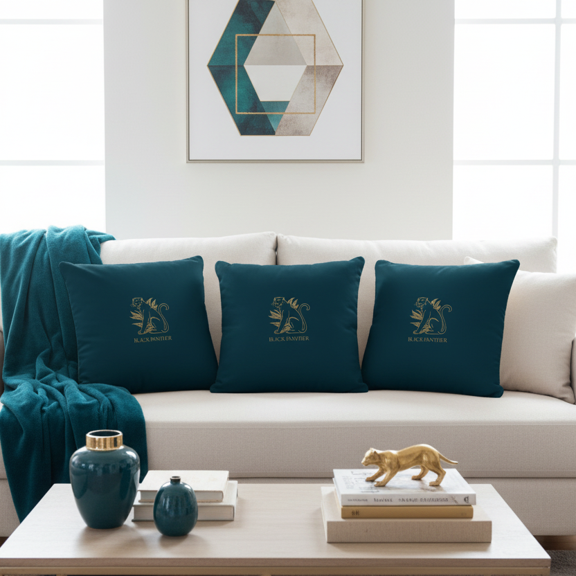 Bright modern living room with Black Panther pillows and coordinating decor