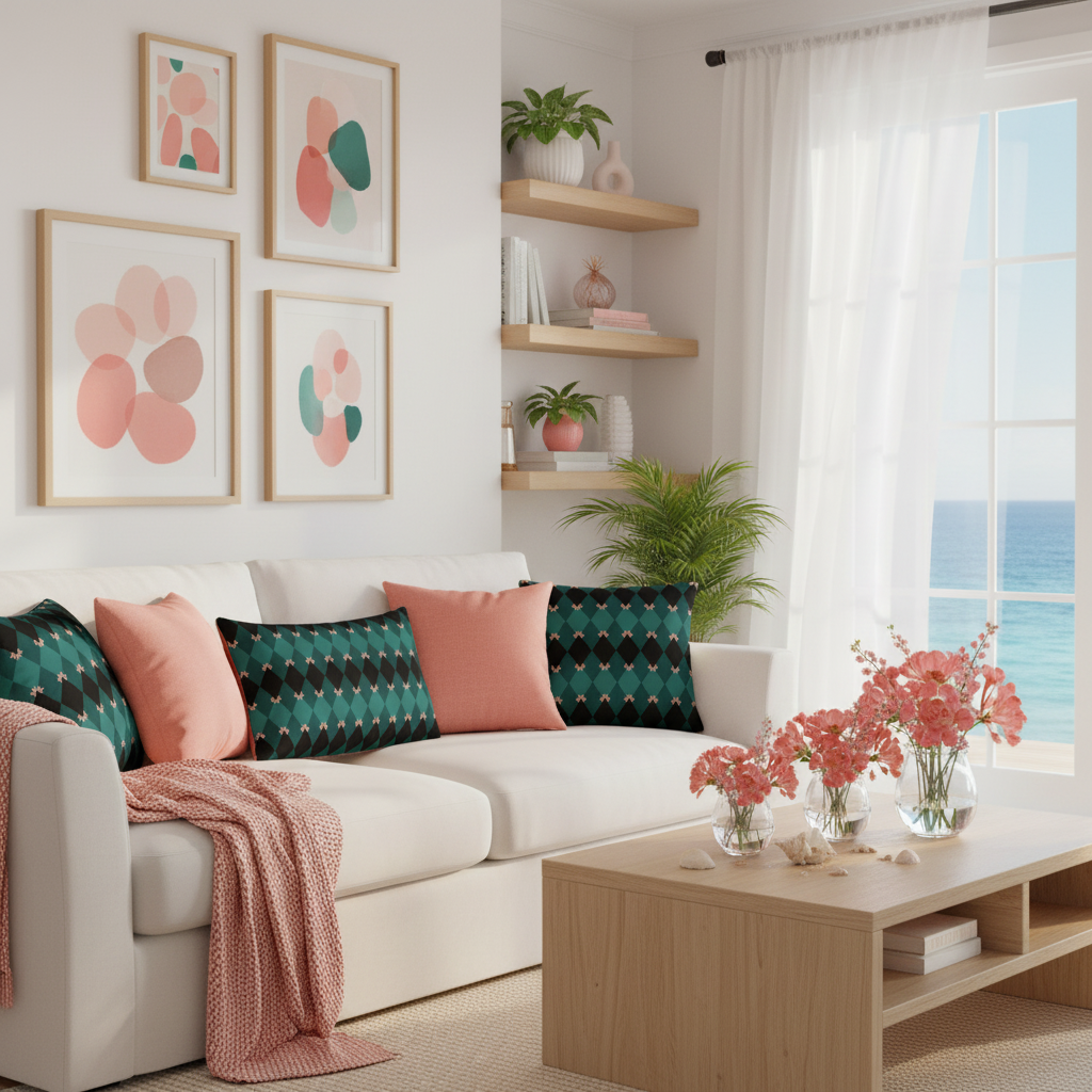 Bright sunny coastal living room with emerald mosaic pillows on white sofa, white walls with curated framed art in salmon pink, coral and emerald tones, white curtains, lots of coral pink and peach throw pillows, salmon pink blanket, coral pink flowers, green tropical plants, bright sunlight