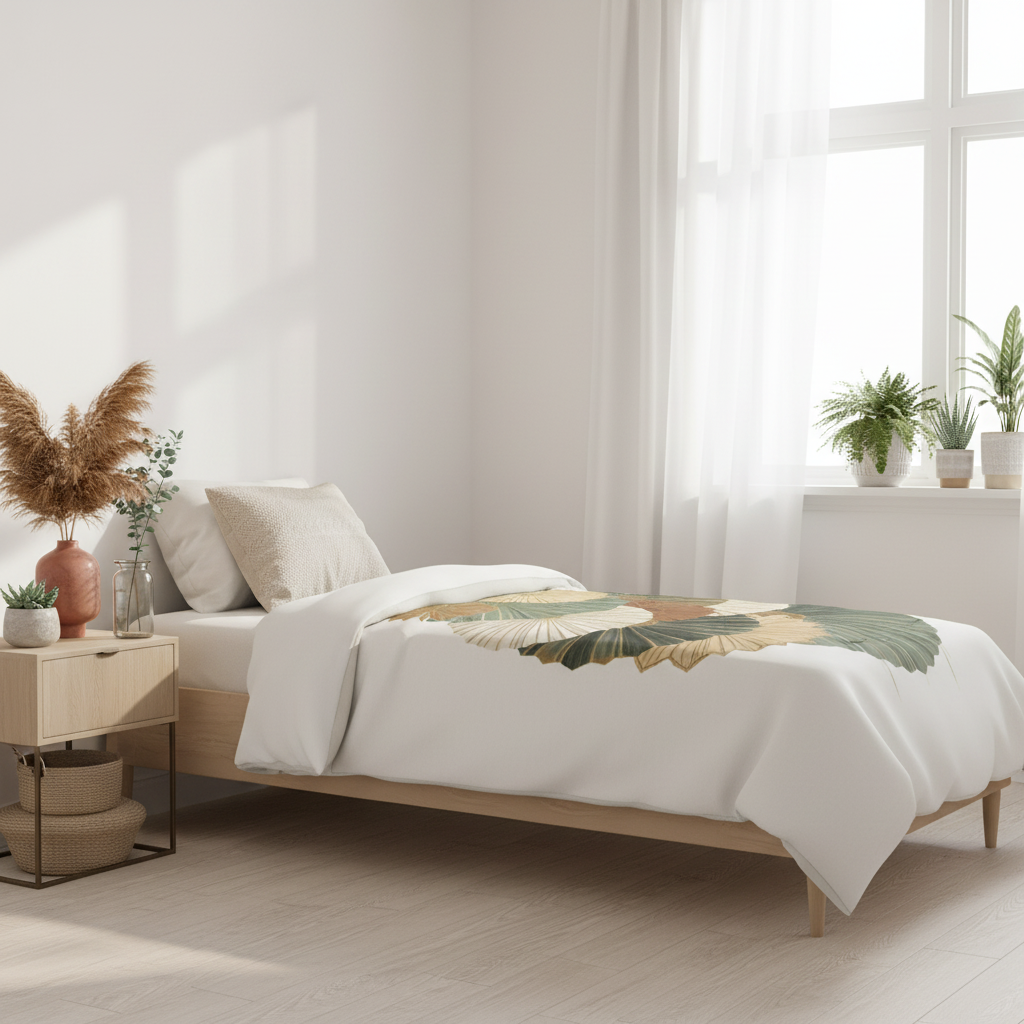 Bright twin bedroom with botanical palm fan bedding and dried flowers