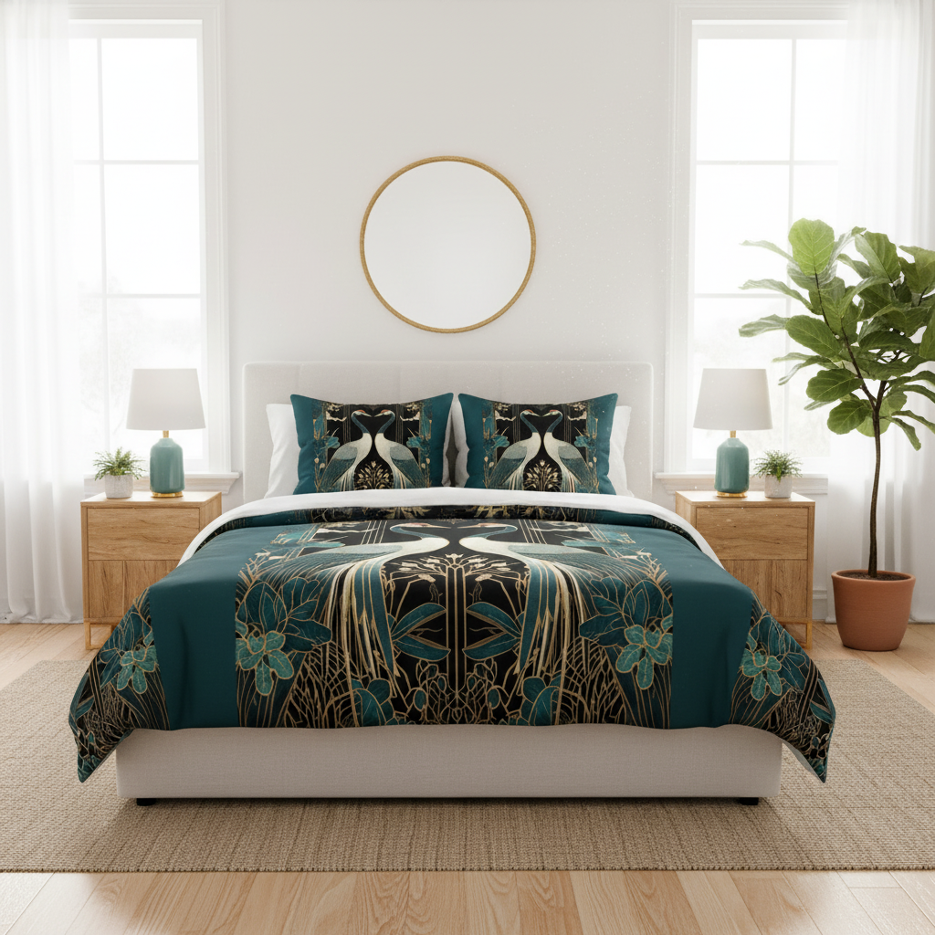 Bright white bedroom with teal crane birds duvet and pillows