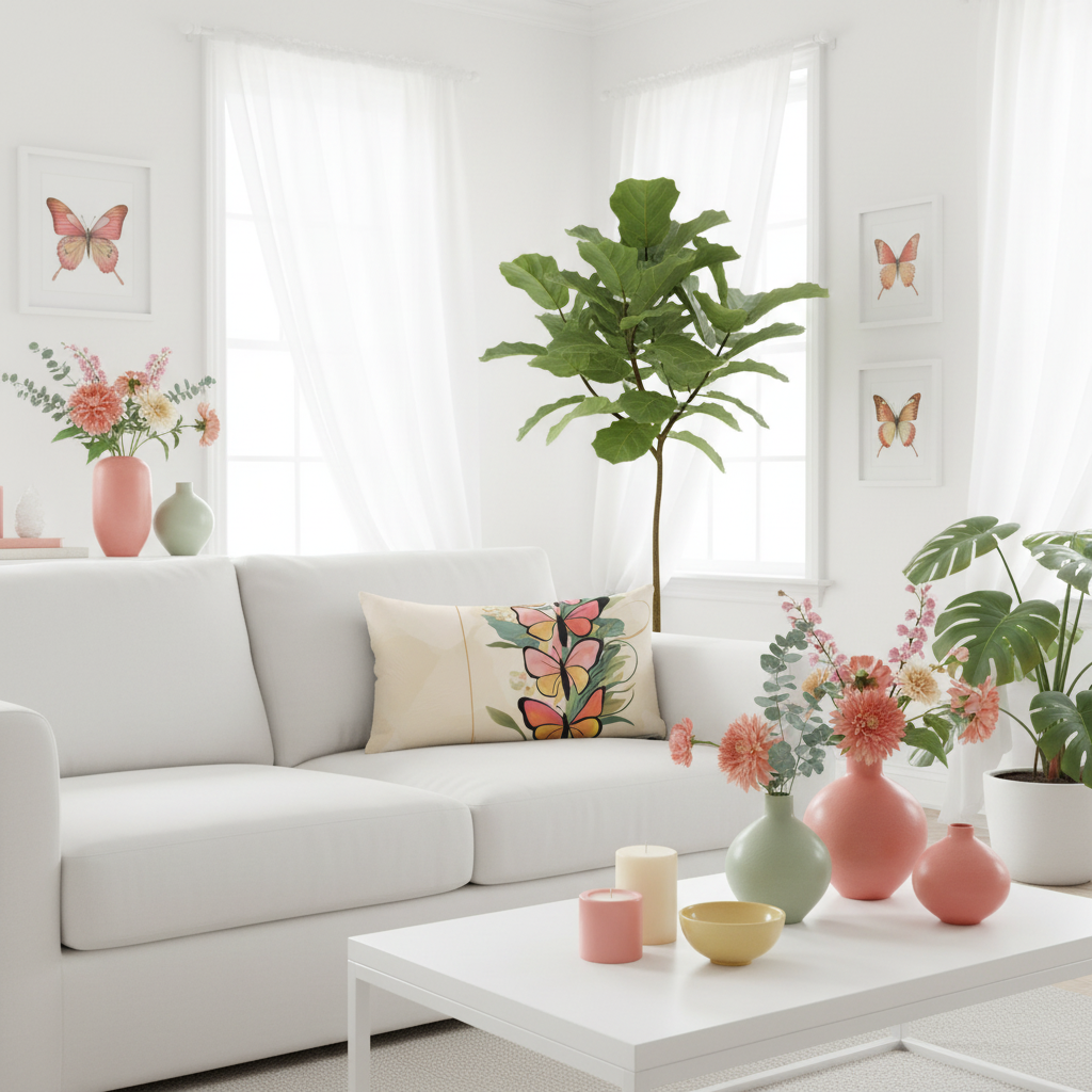 Bright white living room with butterfly pillow, colorful vases and white curtains filled with sunlight