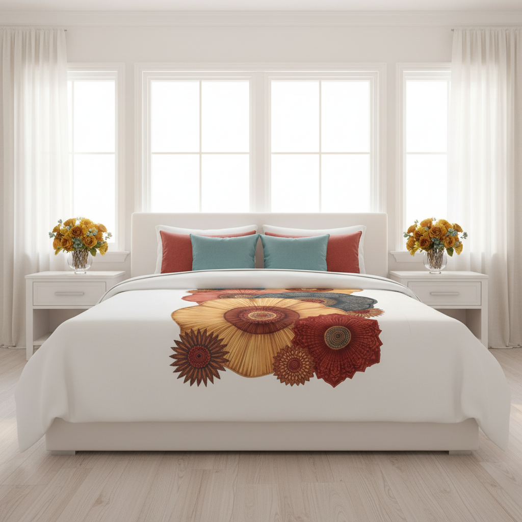 Bright white master bedroom with king duvet