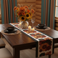 Cabin with rust red orange gold flowers and teal curtains