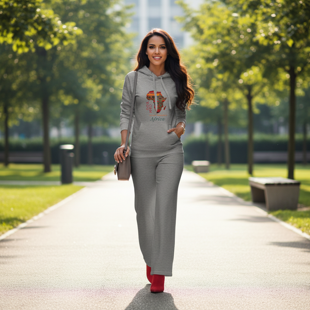 Carbon grey Africa hoodie grey wide-leg pants red boots bag modern elegant
