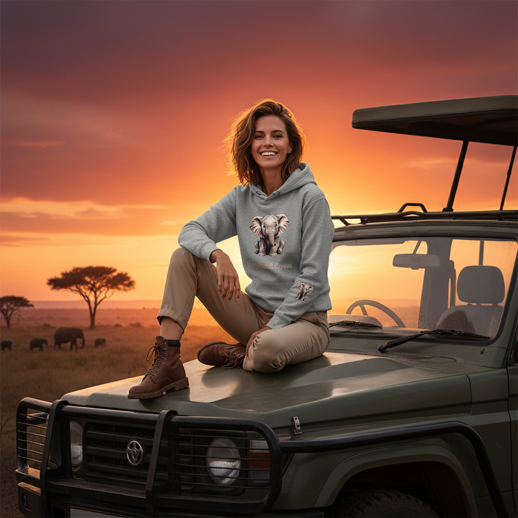 Carbon grey elephant hoodie beige safari pants boots safari jeep African vacation