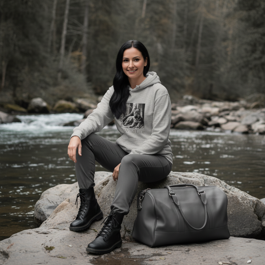 Carbon grey wolf hoodie grey joggers grey boots bag riverside casual luxury