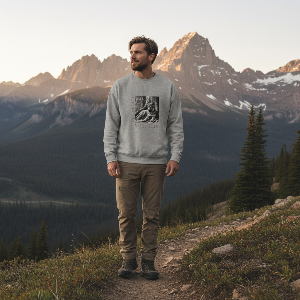 Carbon grey wolf sweatshirt European man Canadian Rocky Mountains