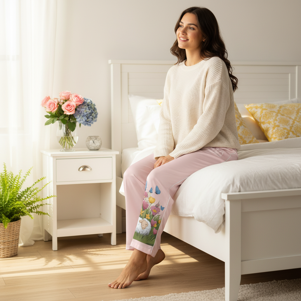 Cheerful woman in light pink sheep pajama pants with design on ankle area sitting on bed edge in spring bedroom