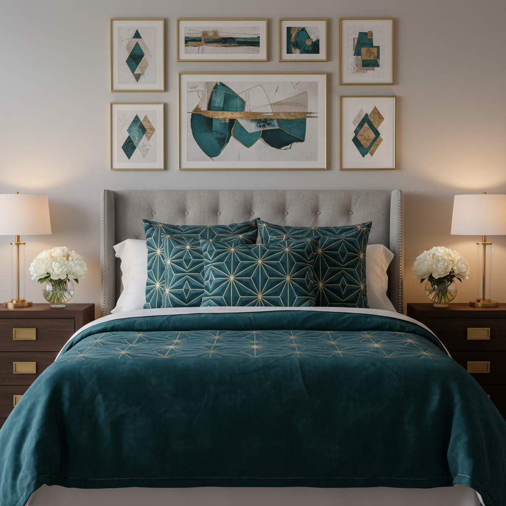 Chic bedroom featuring teal duvet, geometric pillows and curated teal art gallery wall