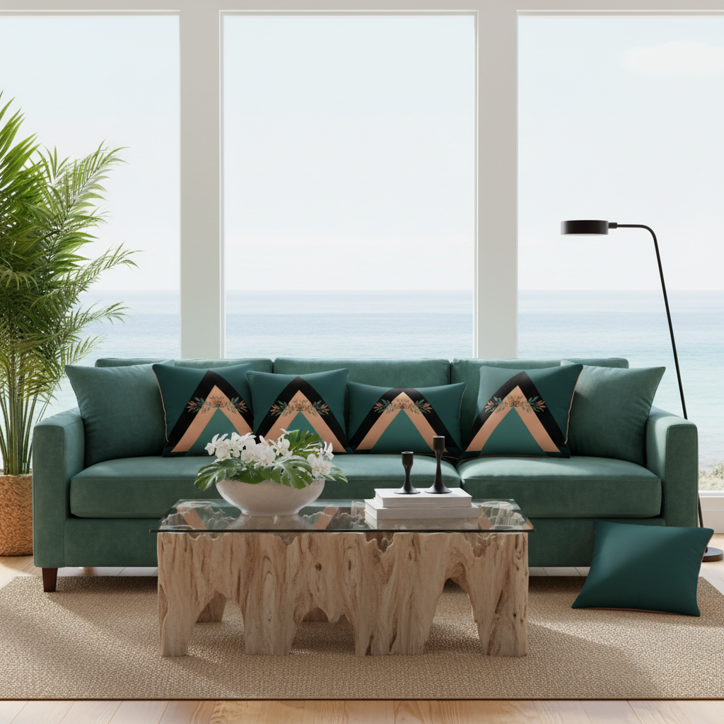 Chic coastal living room with teal velvet sofa and geometric accent pillows
