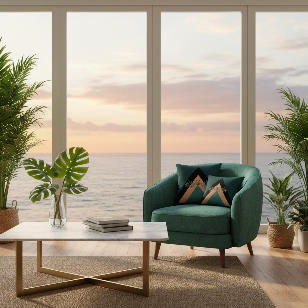Chic coastal lounge with teal accent chair and geometric botanical pillows