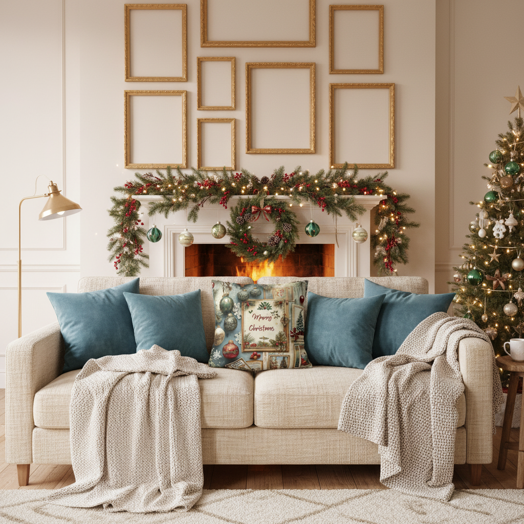 Christmas living room coordinated in teal and cream