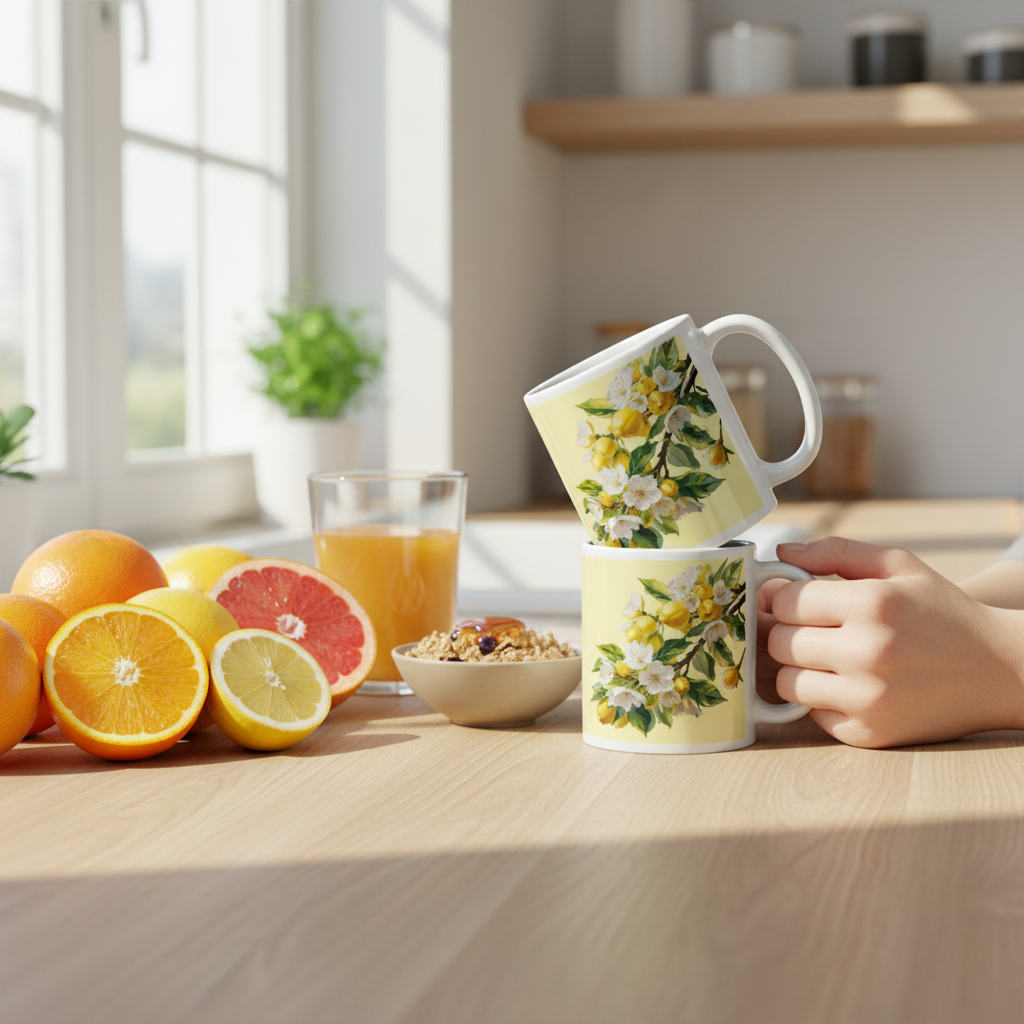 Mug blanc brillant à motif agrumes - Tasse à café aux fruits frais