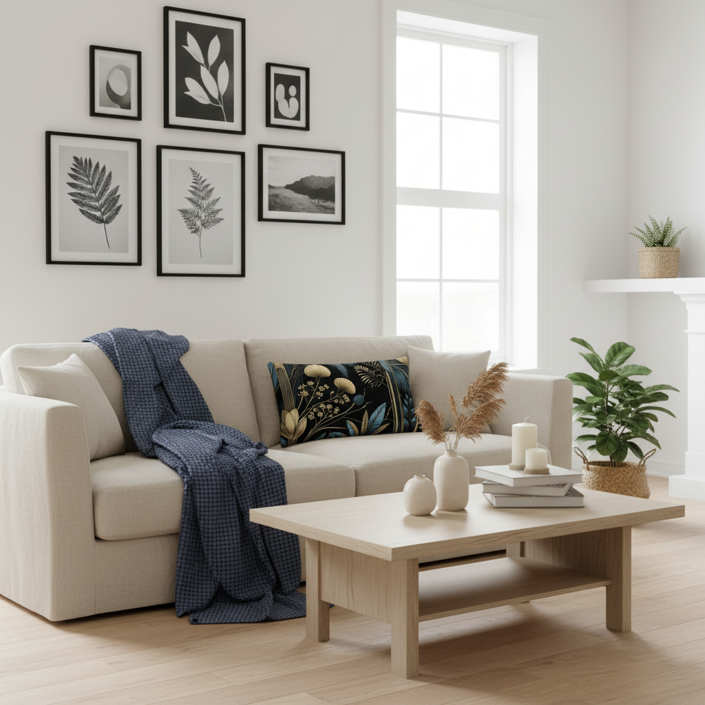 Clean Scandinavian living room with Art Deco pillow and navy accents