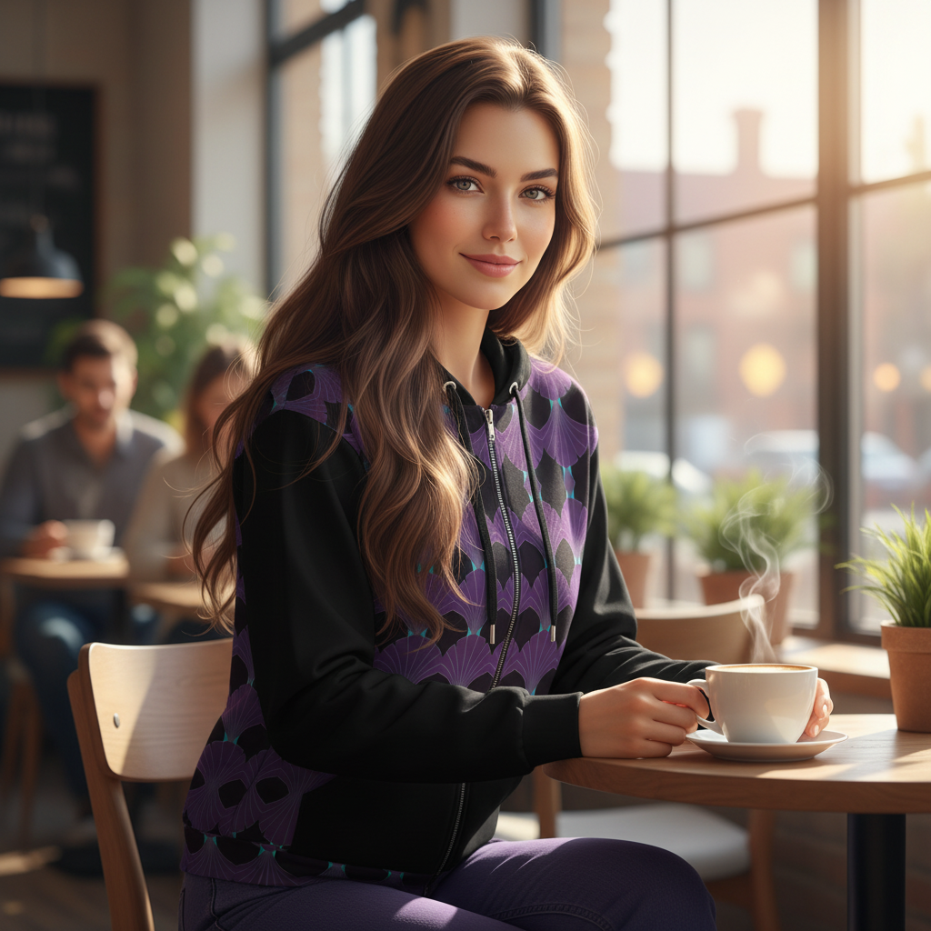 Close-up beautiful woman with long hair in purple teal art deco hoodie with purple jeans in cafe