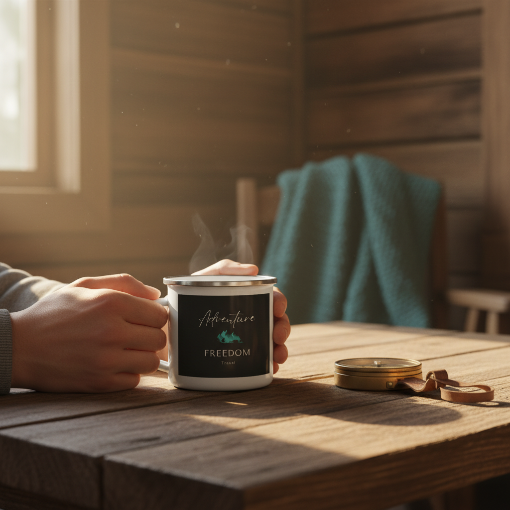 Close-up detail of hands holding Adventure Freedom Travel enamel mug in mountain cabin